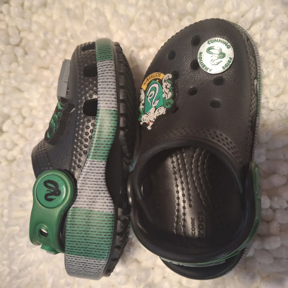 Little Kiids Black Crocs with Green Accents